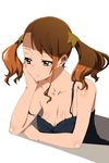  anjou_naruko ano_hi_mita_hana_no_namae_wo_bokutachi_wa_mada_shiranai. breasts brown_eyes brown_hair cleavage earrings fujimaru_(bluebrand) hair_ornament hand_on_own_cheek head_rest jewelry medium_breasts solo strap_slip twintails 