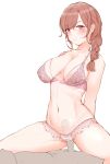  1boy 1girl bar_censor blush bra braid braided_ponytail breasts brown_hair censored chita_ma_hiro cowgirl_position crotchless crotchless_panties frown girl_on_top highres higuchi_madoka idolmaster idolmaster_shiny_colors large_breasts looking_at_viewer mature_female navel panties penis pink_bra pink_panties purple_eyes sex simple_background single_braid straddling textless_version underwear vaginal white_background x-ray 
