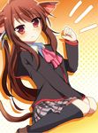  animal_ears beniponzu bow brown_hair cat_ears little_busters! long_hair natsume_rin pink_bow plaid plaid_skirt ponytail red_eyes school_uniform sitting skirt solo tail wariza 