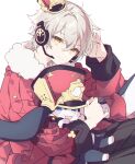  1boy 1other animal_ears black_pants blue_eyes caelus_(honkai:_star_rail) closed_mouth coat cosplay fur-trimmed_coat fur_trim grey_hair hair_between_eyes hand_up hat headphones highres honkai:_star_rail honkai_(series) long_sleeves looking_at_viewer lutile_ep7 microphone mini_hat open_mouth pants pom-pom_(honkai:_star_rail) pom-pom_(honkai:_star_rail)_(cosplay) rabbit_ears red_coat red_headwear short_hair simple_background sitting smile trailblazer_(honkai:_star_rail) white_background yellow_eyes 