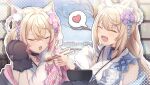  2girls :3 absurdres animal_ear_fluff animal_ears animal_hands black_collar blonde_hair blue_hair blue_kimono blush bowl ch13 chopsticks closed_eyes collar dog_ears dog_girl dog_paws flower fuwawa_abyssgard fuwawa_abyssgard_(new_year) hair_flower hair_ornament heart highres holding holding_bowl holding_chopsticks hololive hololive_english japanese_clothes kimono long_hair mococo_abyssgard mococo_abyssgard_(new_year) multicolored_hair multiple_girls official_alternate_costume open_mouth pink_hair pink_kimono ponytail short_hair siblings sisters sleeveless sleeveless_kimono spiked_collar spikes spoken_heart streaked_hair twins twintails virtual_youtuber 