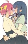  ahoge aoki_reika bad_id bad_pixiv_id blue_eyes blue_hair blush drill_hair eye_contact hoshizora_miyuki hug light_smile long_hair looking_at_another multiple_girls nanairogaoka_middle_school_uniform pikaro pink_eyes pink_hair precure school_uniform short_hair simple_background smile smile_precure! twin_drills twintails yuri 