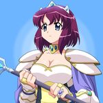  armor blue_eyes breasts bridal_gauntlets cleavage crown gauntlets henrietta_de_tristain jewelry large_breasts m_tateyama purple_hair ring short_hair shoulder_pads solo staff zero_no_tsukaima 