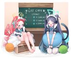  2girls absurdly_long_hair absurdres animal_ears apron aris_(blue_archive) aris_(maid)_(blue_archive) barefoot black_dress black_hair blue_archive blush border cat_ears cat_tail chalkboard closed_eyes closed_mouth dress english_text frilled_apron frilled_dress frills green_halo halo highres long_hair maid_apron menu_board multiple_girls open_mouth pantyhose piyon_(pyon_piiii) puffy_short_sleeves puffy_sleeves purple_eyes red_hair short_sleeves smile tail toes twintails very_long_hair white_apron white_border white_pantyhose yarn yarn_ball yellow_halo yuzu_(blue_archive) yuzu_(maid)_(blue_archive) 