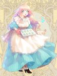  1girl :d animal_ears apron aqua_eyes baking_sheet blue_dress breasts brooch brown_footwear center_frills cookie cross-laced_footwear dairoku_ryouhei double-parted_bangs dress drink_me food frilled_apron frills full_body head_scarf high_heels holding holding_tray jewelry lace-trimmed_apron lace_trim large_breasts long_dress long_hair looking_at_viewer lop_rabbit_ears oven_mitts pink_hair pinstripe_dress pinstripe_pattern puffy_sleeves rabbit_ears rabbit_girl shizuya_(szy_tw) shoes sleeves_past_elbows smile solo standing teeth thick_lips tray upper_teeth_only vial wavy_hair white_apron yellow_background 
