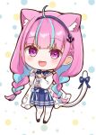  1girl :d ahoge anchor_hair_ornament animal_ear_fluff animal_ears black_footwear blue_choker blue_hair blue_hairband blue_sailor_collar blue_skirt blunt_bangs blush braid cat_ears cat_girl cat_tail chibi choker commentary_request fanged_bangs frilled_sailor_collar frills hair_ornament hairband hololive jacket long_hair long_sleeves looking_at_viewer minato_aqua minato_aqua_(sailor) multicolored_hair nanaka_nagomi official_alternate_costume open_clothes open_jacket open_mouth pantyhose paw_pose pleated_skirt polka_dot polka_dot_background purple_eyes purple_hair ribbon ribbon_choker sailor_collar sailor_shirt shirt skirt smile solo streaked_hair tail tail_ornament tail_ribbon thick_outlines twin_braids twintails two-tone_hair virtual_youtuber white_jacket white_pantyhose white_shirt 