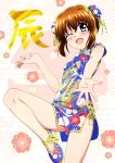  1girl ;d bare_arms bare_legs blue_dress blue_eyes blue_footwear blush brown_hair bun_cover china_dress chinese_clothes dragon_print dress floral_print highres legs_up looking_at_viewer lyrical_nanoha mahou_shoujo_lyrical_nanoha miyajima_hitoshi one_eye_closed print_dress ribbon shiny_skin short_dress short_hair side_slit sidelocks smile solo standing standing_on_one_leg takamachi_nanoha yellow_ribbon 