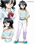  1girl bare_shoulders black_hair bleach blumper3 breasts highres jewelry kuchiki_rukia multiple_views necklace pale_skin pants purple_eyes school_uniform short_hair sleeveless small_breasts surprised white_pants 