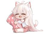  1girl :3 :d ahoge animal_ear_fluff animal_ears bare_shoulders barefoot cat_ears cat_girl cat_tail chibi closed_eyes clothing_cutout dokomon drooling fang full_body hair_between_eyes highres hugging_object komi_(trickcal) long_hair pillow pillow_hug pink_shorts saliva shadow shirt short_sleeves shorts shoulder_cutout simple_background sitting smile soles solo tail toes trickcal very_long_hair white_background white_hair white_shirt 