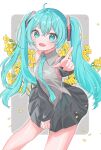  1girl ahoge aqua_eyes aqua_hair aqua_necktie bare_shoulders buttercup_(flower) collared_shirt cowboy_shot detached_sleeves dot_nose falling_petals fang flower hair_ornament hatsune_miku highres index_finger_raised long_hair looking_at_viewer mokoinu_(pixiv_27216243) necktie open_mouth petals pointing pointing_at_viewer shirt skin_fang skirt skirt_tug smile solo thighhighs twintails very_long_hair vocaloid wind wind_lift yellow_flower 