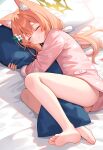  1girl absurdres ai-generated animal_ear_fluff animal_ears barefoot blue_archive dakimakura_(object) flower fox_ears fox_girl hair_flower hair_ornament halo highres hugging_object lying mari_(blue_archive) on_side orange_hair pillow pillow_hug smile sola05002 solo 