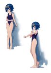 1girl absurdres barefoot blue_eyes blue_hair breasts bright_pupils closed_mouth commentary_request ddddvqs full_body goggles goggles_on_head highres lana_(pokemon) looking_at_viewer multiple_views one-piece_swimsuit open_mouth pokemon pokemon_(anime) pokemon_sm pokemon_sm_(anime) short_hair solo swimsuit white_background white_pupils 