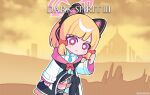  1girl :&lt; animal_ear_headphones animal_ears black_skirt black_thighhighs blonde_hair blue_archive blue_necktie blunt_bangs blurry bow brand_name_imitation cat_ear_headphones cat_tail chibi clenched_hand coat collared_shirt commentary dark_souls_(series) dark_souls_iii depth_of_field english_commentary fake_animal_ears fake_tail hair_bow hair_ribbon halo headphones highres kneeling long_sleeves looking_at_viewer momoi_(blue_archive) necktie open_clothes open_coat outdoors parody parted_bangs pleated_skirt pose_imitation red_eyes ribbon rynzfrancis school_uniform shirt short_hair sidelocks skirt solo tail thighhighs tress_ribbon v-shaped_eyebrows white_coat white_shirt zettai_ryouiki 