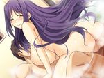 1girl anus ass bath breasts brown_hair censored game_cg grinding happy_sex huge_breasts kumacchi long_hair looking_at_viewer mixed_bathing nude penis purple_hair pussy sex short_hair smile steam sweat water wink yellow_eyes 
