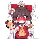  @_@ absurdres ascot blonde_hair blush bow brown_hair closed_eyes closed_mouth commentary_request detached_sleeves dress frilled_bow frilled_hair_tubes frills gap_(touhou) hair_bow hair_tubes hakurei_reimu hat hat_ribbon highres korean_commentary long_hair mini_person minigirl mob_cap multiple_girls nose_blush on_head open_mouth person_on_head person_on_shoulder purple_dress red_bow red_eyes red_ribbon ribbon simple_background smelling_hair smile tohou89 touhou white_background yakumo_yukari yellow_ascot |_| 