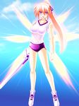  alternate_costume blonde_hair blush breasts buruma engo_(aquawatery) fiery_wings glowing gym_uniform hair_ribbon highres large_breasts levantine long_hair lyrical_nanoha mahou_shoujo_lyrical_nanoha_strikers ponytail purple_eyes ribbon signum solo sword unison weapon 