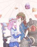  1girl blue_eyes blush brown_eyes brown_hair claydol daike_(yataka) drifloon gen_2_pokemon gen_3_pokemon gen_4_pokemon hat kyouhei_(pokemon) pink_hair pokemon pokemon_(creature) pokemon_(game) pokemon_bw2 red_eyes ruri_(pokemon) short_hair shorts smile umbreon visor_cap wooper 