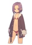  1girl :/ bikini bikini_under_clothes black_choker blush choker coat commentary_request cropped_legs everyntrge flat_chest grey_coat open_clothes open_coat original purple_eyes purple_hair red_bikini short_hair simple_background solo swimsuit white_background 