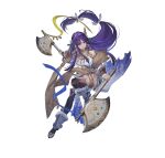  1girl akka altina_(fire_emblem) altina_(unrivaled_dawn)_(fire_emblem) attack axe bare_shoulders breasts clothing_cutout dual_wielding earrings fire_emblem fire_emblem:_radiant_dawn full_body hair_tie holding holding_axe jewelry large_breasts long_hair official_alternate_costume official_art pelvic_curtain purple_eyes purple_hair smile solo very_long_hair 