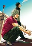  bad_id bad_pixiv_id black_hair casual cigarette gintama hijikata_toushirou kio_(fuk-k) male_focus multiple_boys sakata_gintoki shirt silver_hair smoking squatting t-shirt 