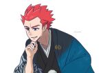  1boy black_kimono commentary_request erushiza hand_on_own_chin japanese_clothes kimono lance_(new_year&#039;s_2021)_(pokemon) lance_(pokemon) male_focus official_alternate_costume pokemon pokemon_masters_ex red_hair signature solo upper_body 