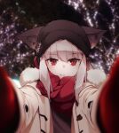  1girl animal_ear_fluff arknights beanie black_headwear blurry blurry_background blurry_foreground coat depth_of_field e-bushi ears_through_headwear fringe_trim frostleaf_(arknights) fur-trimmed_coat fur_trim gloves grey_hair hat meme open_clothes open_coat pov_cheek_warming_(meme) red_eyes red_gloves red_scarf scarf smile solo upper_body white_coat 