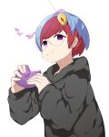  1girl :t black_hoodie blue_hair closed_mouth coin commentary_request eating food glasses hands_up holding holding_food hood hood_down hoodie hypnosis long_sleeves looking_to_the_side mind_control mochi multicolored_hair pendulum penny_(pokemon) pokemon pokemon_sv purple_eyes red_hair round_eyewear solo string tonu_(aobatonu) two-tone_hair upper_body white_background 