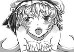  aoiro8go bad_id bad_pixiv_id blush fangs fingernails greyscale hands hat hat_ribbon long_fingernails looking_away monochrome nude open_mouth remilia_scarlet ribbon sharp_fingernails short_hair simple_background solo teeth touhou upper_body wall-eyed wings 