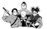  4boys bags_under_eyes black_hair choso_(jujutsu_kaisen) deformed elien facial_mark greyscale height_difference index_fingers_together itadori_yuuji japanese_clothes jujutsu_kaisen jujutsu_tech_uniform male_focus monochrome multiple_boys okkotsu_yuuta protecting scar scar_across_eye scar_on_face school_uniform smile sword topknot topless_male toudou_aoi_(jujutsu_kaisen) twintails uniform upper_body weapon white_background 