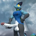 2024 3d_(artwork) albalbalb anthro balls black_body black_skin blue_body blue_skin bouclafoutis digital_media_(artwork) generation_8_pokemon genitals green_scarf hand_on_hip hand_on_penis hi_res inteleon long_penis looking_at_viewer male mantle muscular muscular_anthro muscular_male nintendo nipples outside pecs penis pokemon pokemon_(species) scarf scientific_instrument solo thermometer toru_murphy_september watermark white_body white_skin yellow_eyes