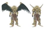  1boy absurdres angel_wings armor belt blood_angels concept_art eyes_of_horus_(warhammer_40k) from_behind gem gold_armor highres kheljay ornate ornate_armor ornate_weapon pauldrons power_armor primarch purity_seal red_gemstone roman_numeral sanguinius shoulder_armor simple_background skull teardrop-shaped_gem warhammer_40k wax_stamp white_background wings 