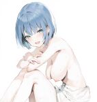  1girl aikontakuto armpits blue_eyes blue_hair blush bob_cut breasts commentary_request crossed_arms feet_out_of_frame highres kiritani_haruka light_blue_hair looking_at_viewer medium_breasts nipples open_mouth project_sekai sarong simple_background sitting smile solo sweat topless white_background white_sarong 