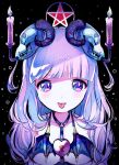  1girl animal_ears animal_skull bare_shoulders bat_wings black_background black_horns blunt_bangs breasts candle commentary curled_horns fake_animal_ears fire heart-shaped_lock highres horns keyhole kiato lock long_hair looking_at_viewer medium_breasts original pentagram purple_eyes purple_hair solo straight-on symbol-only_commentary tongue tongue_out upper_body wings 