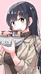  1girl absurdres black_hair boku_no_kokoro_no_yabai_yatsu bowl brown_hair brown_jacket brown_sweater dated eating egg_(food) food happy_birthday highres jacket looking_at_viewer noodles pink_background softboiled_egg solo sweater turtleneck turtleneck_sweater u_da_desu yamada_anna 