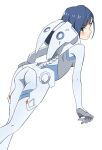 1girl ass blue_bodysuit blue_hair blush bob_cut bodysuit breasts closed_mouth commentary curled_fingers darling_in_the_franxx dutch_angle expressionless feet_out_of_frame green_eyes grey_bodysuit hair_ornament hairclip head_tilt highres hood hood_down ichigo_(darling_in_the_franxx) looking_at_viewer looking_back pilot_suit shaft_look short_hair simple_background skin_tight small_breasts solo standing sumiyama two-tone_bodysuit walking white_background white_bodysuit 