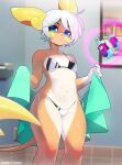  1girl :&lt; alolan_raichu animal_ears animal_nose artist_name bare_shoulders bathroom bikini blue_eyes blurry blurry_background blurry_foreground blush blush_stickers bob_cut body_fur bottle breasts cameltoe closed_mouth collarbone commentary english_commentary floating floating_object furry furry_female groin hands_up highres holding holding_towel indoors looking_at_viewer mirror mouse_ears mouse_girl mouse_tail navel nose_blush orange_fur personification poke_ball_symbol pokemon pokemon_(creature) reflection shiny_skin short_hair side-tie_bikini_bottom sidelocks small_breasts solo standing stomach string_bikini swimsuit tail telekinesis thighs towel tsampikos twitter_username two-tone_bikini two-tone_fur watermark white_bikini white_fur white_hair 