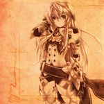  ag.kaito armor bad_id bad_pixiv_id character_name chung_seiker elsword hair_flaps iron_paladin_(elsword) long_hair male_focus monochrome orange_(color) shield smile solo 