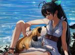  animal antenna_hair black_hair blue_eyes bukimi_isan day dog earrings ganaha_hibiki grin hoop_earrings idolmaster idolmaster_(classic) inumi jewelry long_hair ocean ponytail sitting smile solo st_bernard water 