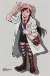  1girl :o ace_attorney ace_attorney_investigations bag boots brown_bag brown_footwear brown_hair coat collared_shirt ema_skye ema_skye_(aai) eyewear_on_headwear full_body green_eyes grid_background hat highres lab_coat long_hair looking_up lower_teeth_only necktie open_clothes open_coat open_mouth pink_headwear rat_nkmi red_necktie shadow shirt shorts shoulder_bag solo striped_clothes striped_thighhighs sunglasses teeth thighhighs twitter_username vest white_coat 