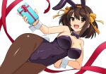  1girl :d gift haruhisky holding holding_gift looking_at_viewer official_alternate_costume open_mouth playboy_bunny red_ribbon ribbon smile solo suzumiya_haruhi suzumiya_haruhi_no_yuuutsu tongue 