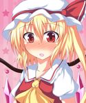  ascot blonde_hair blush dress fang flandre_scarlet hat hat_ribbon looking_at_viewer naba_(take_tonbo) open_mouth puffy_sleeves red_dress red_eyes ribbon shirt short_sleeves side_ponytail solo star touhou upper_body wings 