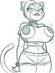 2024 anthro big_breasts biped black_and_white bottomwear bracelet breasts bulging_breasts bulging_smiley_shirt_meme clothed clothed_anthro clothed_female clothing collar cooch_(supermansion) digital_drawing_(artwork) digital_media_(artwork) domestic_cat ear_piercing ear_ring eyebrows eyelashes felid feline felis female fingers fully_clothed fully_clothed_anthro fully_clothed_female hair half-closed_eyes hotpants huge_breasts iris jewelry legs_together lips looking_at_viewer low-angle_view mammal meme meme_clothing midriff monochrome motion_lines motion_outline narrowed_eyes navel no_pupils piercing portrait prick_ears redout ring_piercing shirt short_hair shorts side_cut smile smiling_at_viewer solo spiked_bracelet spiked_collar spikes standing supermansion t-shirt tail thick_thighs three-quarter_portrait topwear wide_hips