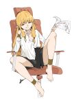  1girl absurdres anklet barefoot blonde_hair chair collarbone elf evil_smile hair_tubes highres holding holding_paper jewelry long_hair long_sleeves looking_at_viewer mangpum_(taro109210) office_chair paper pointy_ears serie_(sousou_no_frieren) shirt simple_background sitting skirt smile solo sousou_no_frieren swivel_chair toes white_background yellow_eyes 