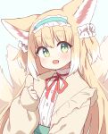  1girl animal_ears aqua_hairband arknights blonde_hair blush brown_cardigan cardigan colored_tips commentary dot_nose fox_ears fox_girl fox_tail frilled_hairband frills green_eyes hairband highres kitsune kyuubi long_hair long_sleeves looking_at_viewer multicolored_hair multiple_tails neck_ribbon official_alternate_costume open_mouth puffy_long_sleeves puffy_sleeves red_ribbon ribbon ryoku_sui shirt simple_background sleeves_past_wrists solo suzuran_(arknights) suzuran_(spring_praise)_(arknights) tail two_side_up upper_body white_background white_hair white_shirt 