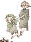  2boys aged_down animal black_bow black_bowtie blonde_hair blurry boots bow bowtie brothers capelet capri_pants child chin_strap closed_eyes crying depth_of_field dungeon_meshi ear_covers elf green_bow green_bowtie green_capelet green_hood grey_eyes grey_hair grey_robe hood hood_up long_sleeves mithrun mithrun&#039;s_brother multiple_boys open_mouth pants pointy_ears pulling reaching robe sandals short_hair shorts siblings simple_background snake standing trembling white_background yasei_no_master 