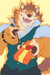absurd_res anthro barrel_(live_a_hero) brown_body brown_fur canid canine canis clothing dress_shirt first_person_view flirting fur giving_gift heylaw21 hi_res lifewonders live_a_hero looking_at_viewer male mammal one_eye_closed pawpads shirt smile solo topwear vest wink wolf