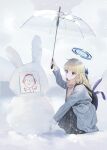  1girl absurdres black_skirt blonde_hair blue_archive blue_eyes blue_halo blue_jacket braid brown_scarf closed_mouth doodle_sensei_(blue_archive) halo highres holding holding_umbrella jacket long_hair open_clothes open_jacket scarf sensei_(blue_archive) skirt snow snowing snowman solo toki_(blue_archive) umbrella xu_wen_(bbb2822828) 