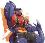 abs anthro barazoku big_bulge big_muscles big_pecs blue_body blue_scales bottomwear bulge clothing detailed_bulge fin furgonomics garchomp generation_4_pokemon genital_outline grin hand_behind_head hi_res hotpants huge_pecs looking_at_viewer male manly midriff muscular muscular_anthro muscular_male myiko nintendo pecs penis_outline pokemon pokemon_(species) red_body red_scales scales scalie sharp_teeth shirt shorts smile solo spikes tail tail_fin tank_top teeth topwear underwear