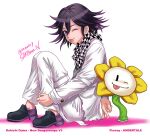  1boy :p arm_belt belt black_eyes black_footwear black_scarf buttons character_name checkered_clothes checkered_scarf closed_mouth copyright_name crossover danganronpa_(series) danganronpa_v3:_killing_harmony flower flowey_(undertale) full_body hair_between_eyes hand_on_own_leg knees_up layered_sleeves long_sleeves looking_at_viewer male_focus medium_hair multiple_belts nabeya_sakihana oma_kokichi one_eye_closed pants purple_eyes purple_hair scarf shadow shirt shoes signature simple_background sitting solid_oval_eyes thigh_belt thigh_strap tongue tongue_out torn_clothes torn_shirt twitter_username two-tone_scarf undertale white_background white_belt white_pants white_scarf white_shirt white_sleeves yellow_flower 