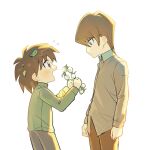  2boys blush brothers brown_hair brown_pants brown_shirt clenched_hands collared_shirt commentary_request expressionless flower flying_sweatdrops from_side green_shirt happy high_collar highres holding holding_flower kaiba_mokuba kaiba_seto leaf leaf_on_head male_focus medium_hair messy_hair moemoenomori multiple_boys open_mouth pants shirt siblings simple_background smile upper_body white_background wide-eyed yu-gi-oh! yu-gi-oh!_duel_monsters 